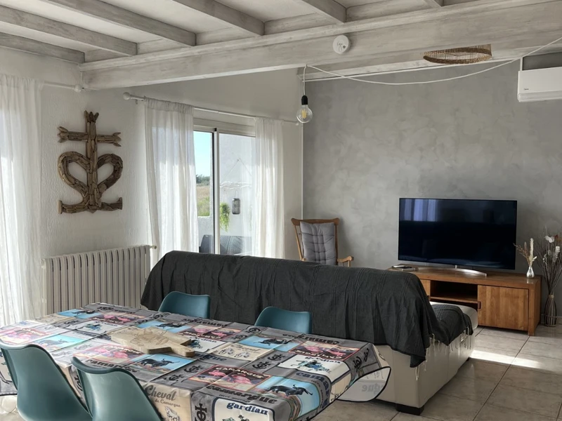 Salon confortable avec canapé et télévision à écran plat dans ce gite spacieux et lumineux de la croix de Camargue, au bord de la mer