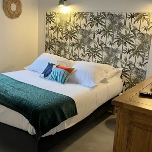 Chambre avec lit double spacieuse et rangements pour vos vacances en Camargue