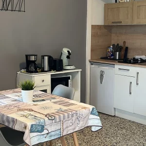 Cuisine équipée avec réfrigérateur, micro-ondes et table à manger pour ce gite "Flamants" au sud de la France