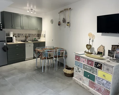 Appartement avec cuisine ouverte sur le salon pour séjour en famille dans ce gite "les chevaux"