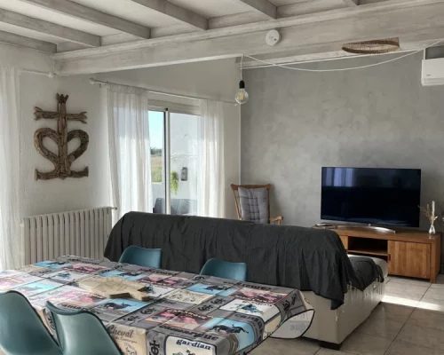 Salon confortable avec canapé et télévision à écran plat au gîte croix de Camargue, aux saintes maries de la mer